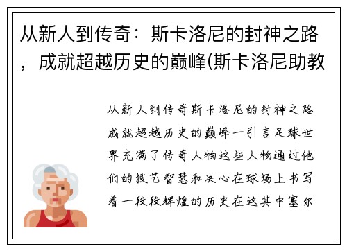 从新人到传奇：斯卡洛尼的封神之路，成就超越历史的巅峰(斯卡洛尼助教)